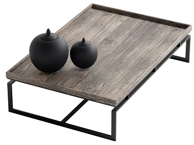 Wooden Coffee Table With Black Metal Legs And Wood Grain Surface Featuring Black Decorative Objects 3d model