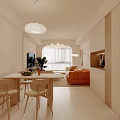 Modern Dining and Living Room Interior With Orange Sofa White Coffee Table And Pendant Lights