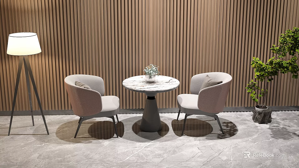 Modern Round Marble Top Table With Upholstered Pink White Chairs And Wooden Striped Wall 3d model 