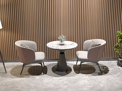 Modern Round Marble Top Table With Upholstered Pink White Chairs And Wooden Striped Wall 3d model