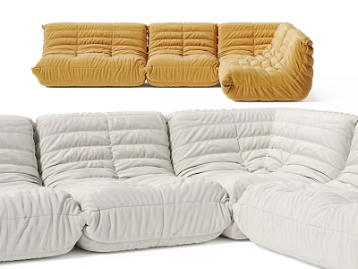 Modern Sectional Sofa with Pleated Design in Yellow and Cream Velvet Upholstery 3d model