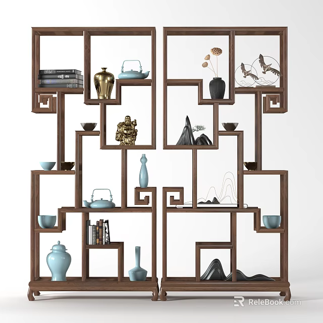 Traditional Chinese Bogu Shelf With Ceramic Vases Tea Sets Books And Decorative Figurines 3d model 