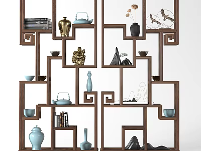 Traditional Chinese Bogu Shelf With Ceramic Vases Tea Sets Books And Decorative Figurines 3d model