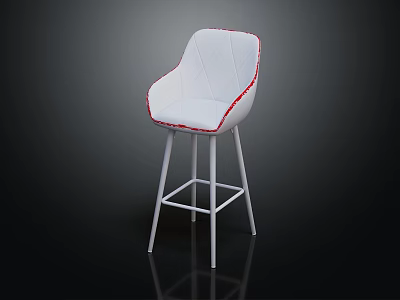 Modern White Bar Stool With Red Stitching Upholstered Backrest And Metal Legs 3d model