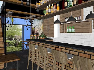 Café Interior With Wooden Bar Counter Bar Stools Hanging Lights Bottle Shelves And Green View 3d model
