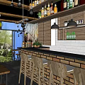 Café Interior With Wooden Bar Counter Bar Stools Hanging Lights Bottle Shelves And Green View