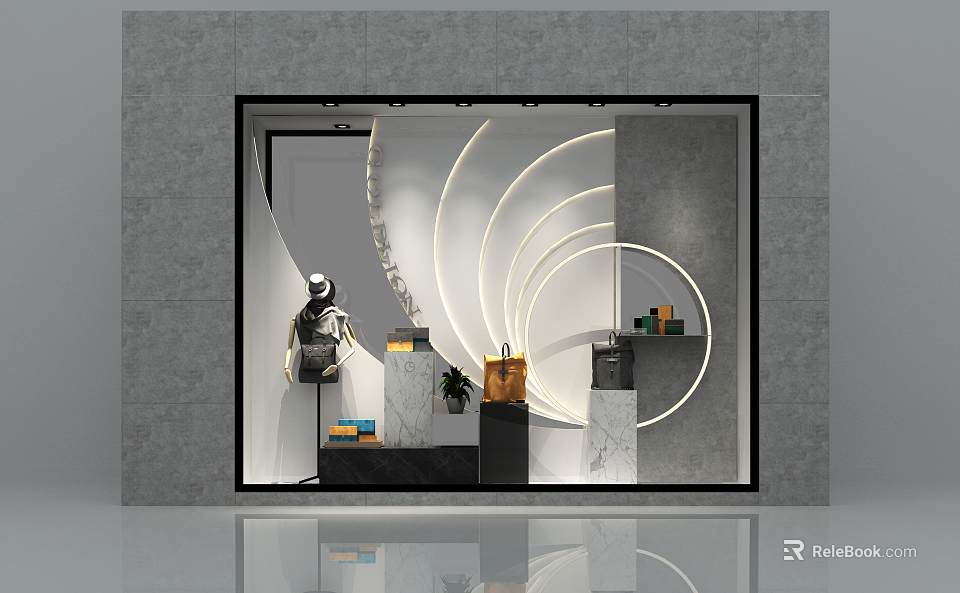 Contemporary Window Display With Arched Lighting Mannequin Marble Stands Bags Small Plants And Geometric Decor 3d model 