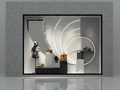 Contemporary Window Display With Arched Lighting Mannequin Marble Stands Bags Small Plants And Geometric Decor 3d model