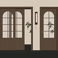 Open Wooden Sliding Doors With Arched Glass Panels Illuminated Interior Wall Lamp Green Plant