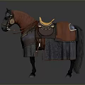 Military Horse With Red Cover Yellow Saddle And Leather Gear Details