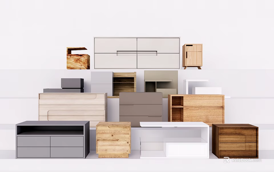 Different Wooden and Colored Bedside Tables with Drawers and Open Shelves for Modern Bedroom 3d model 