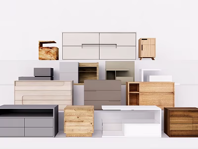 Different Wooden and Colored Bedside Tables with Drawers and Open Shelves for Modern Bedroom 3d model