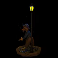Duck Game Movie Character With Hat Standing By Rainy Street Lamp On Base