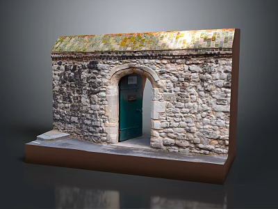 Arched Stone Built Entrance Gate With Green Door And Mossy Roof On Stone Walls 3d model