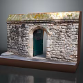 Arched Stone Built Entrance Gate With Green Door And Mossy Roof On Stone Walls