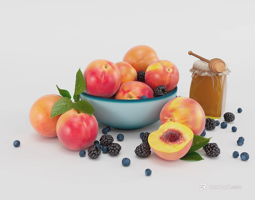 Fresh Ripe Peaches With Blueberries Blackberries And Honey In Bowl With Green Leaves 3d model 