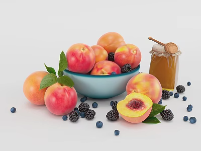 Fresh Ripe Peaches With Blueberries Blackberries And Honey In Bowl With Green Leaves 3d model