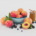 Fresh Ripe Peaches With Blueberries Blackberries And Honey In Bowl With Green Leaves