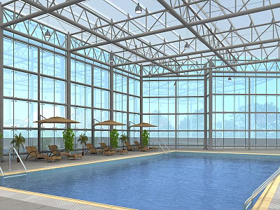 Spacious Swimming Pool Area With Glass Walls Metal Roof Loungers And Umbrellas 3d model