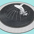 Park Landscape Featuring Circular Fountain With Silver Fish Sculpture And Golden Curved Structures