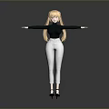 Woman Blonde Hair Black Turtleneck White Ripped Jeans Black Heels Arms Outstretched Against Gray Background