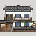 Traditional Chinese Style House Two Story Building with Tile Roof Wooden Balcony and Courtyard Pergola