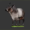 Cow Statue Figure With Brown White Body Horns On Green Base