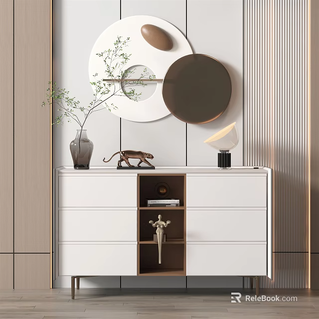 Modern Console Side Cabinet Design With Round Mirrors Vase And Leopard Sculpture 3d model