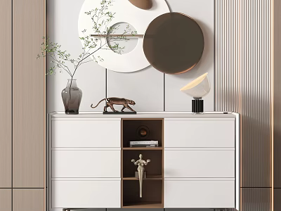 Modern Console Side Cabinet Design With Round Mirrors Vase And Leopard Sculpture 3d model