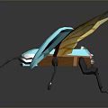 Blue Insect Model With Yellow Transparent Wings And Mechanical Design On Dark Reflective Surface