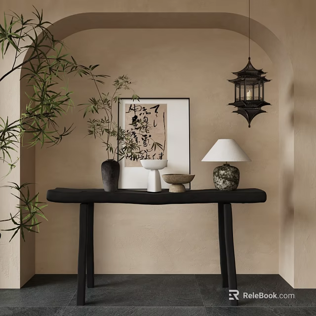 Oriental Style Console Table With Bamboo Plant Calligraphy Artwork Lantern Pendant And Decorative Vases 3d model 