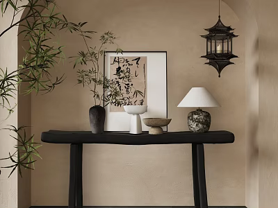 Oriental Style Console Table With Bamboo Plant Calligraphy Artwork Lantern Pendant And Decorative Vases 3d model
