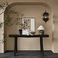 Oriental Style Console Table With Bamboo Plant Calligraphy Artwork Lantern Pendant And Decorative Vases