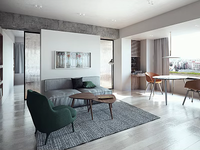 Modern Living Room Interior With Gray Sofa Green Armchair Small Coffee Tables And Gray Rug 3d model