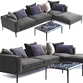 Gray Sectional Sofa With Purple Gray Cushions And Marble Pattern Coffee Table 3d model