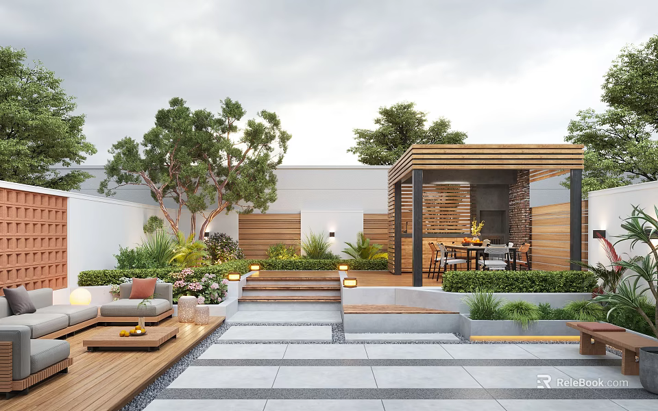 Modern Garden with Wooden Pavilion Outdoor Seating Stone Pathways and Green Plants 3d model 
