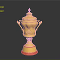Ornate Shiny Golden Trophy With Decorative Lid Handles And Red Base