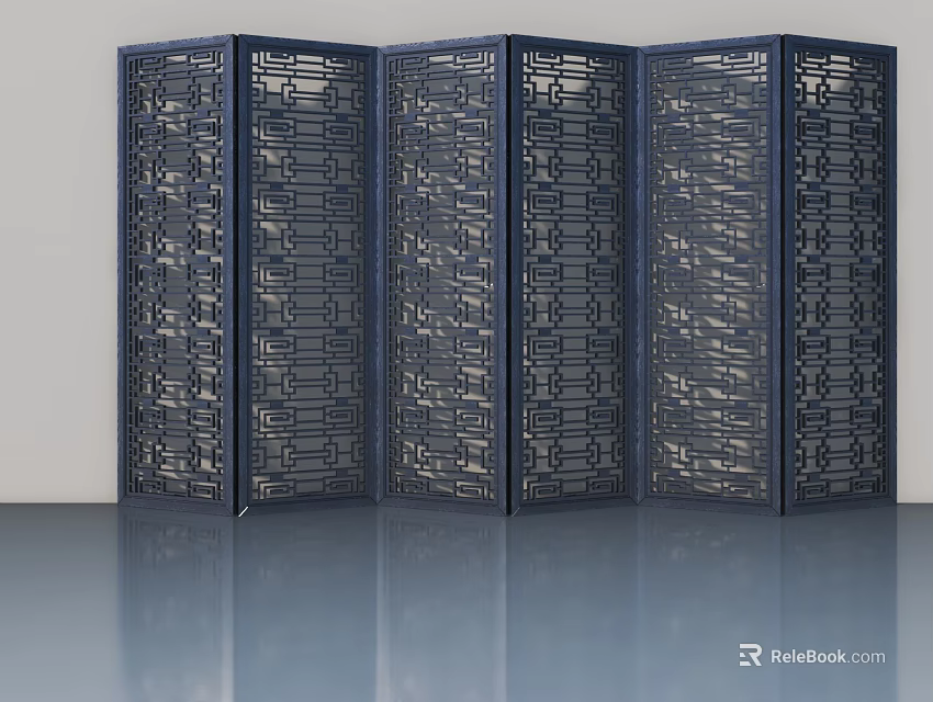 Dark Blue Ornate Swing Doors With Geometric Cutout Patterns In Light Background 3d model