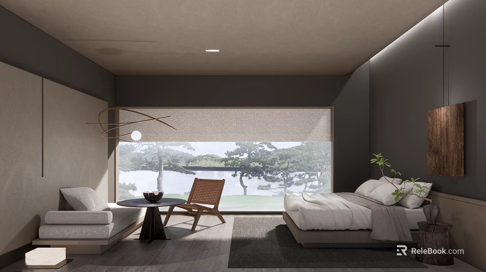 Hotel Guest Room with Modern Minimalist Design Bed Sofa Chair Natural Light and Lake View 3d model 