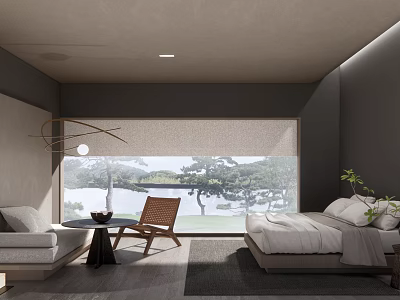 Hotel Guest Room with Modern Minimalist Design Bed Sofa Chair Natural Light and Lake View 3d model
