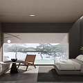 Hotel Guest Room with Modern Minimalist Design Bed Sofa Chair Natural Light and Lake View