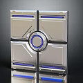 Futuristic Metallic Panel Design With Central Blue Ring And Silver Sections