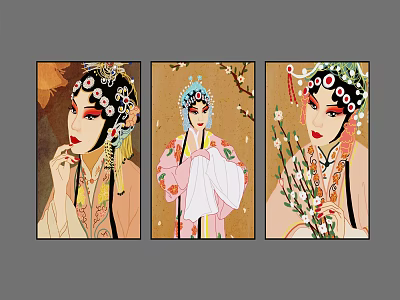 Elegant Peking Opera Figure Paintings With Traditional Costumes Headpieces And Flowers 3d model