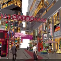 Hong Kong Style Commercial Street With Pink Dragon Decoration And Shoe Store Windows