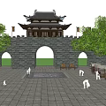 Ancient Chinese Architecture City Gate Tower Featuring Stone Walls Curved Eaves Plaza And Trees