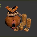 Open Orange Treasure Bag With Red Cross Design Spilled Gold Coins And Stacked Gold Blocks
