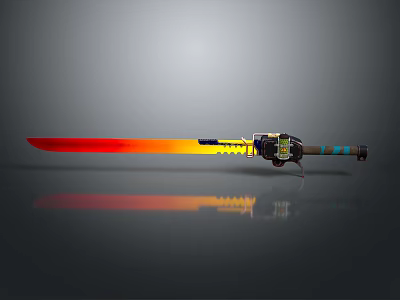 Futuristic Red Gradient Blade Sword With Yellow And Black Mechanical Handle And Blue Accents 3d model