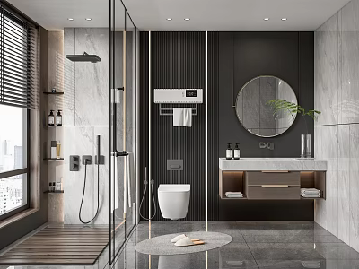 Modern Bathroom Interior Design With Glass Shower Toilet Round Mirror Vanity And Marble Walls 3d model