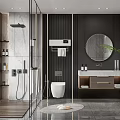Modern Bathroom Interior Design With Glass Shower Toilet Round Mirror Vanity And Marble Walls