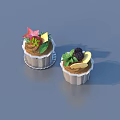 Decorated Cupcakes With Blackberry Banana Pink Flower And Mint Leaves In White Liners